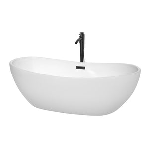 Rebecca 70 Inch Freestanding Bathtub in White with Floor Mounted Faucet Drain and Overflow Trim in Matte Black