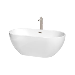 Brooklyn 60 Inch Freestanding Bathtub in White with Floor Mounted Faucet Drain and Overflow Trim in Brushed Nickel