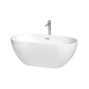 Brooklyn 60 Inch Freestanding Bathtub in White with Floor Mounted Faucet Drain and Overflow Trim in Polished Chrome