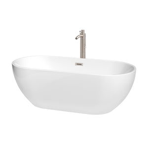 Brooklyn 67 Inch Freestanding Bathtub in White with Floor Mounted Faucet Drain and Overflow Trim in Brushed Nickel