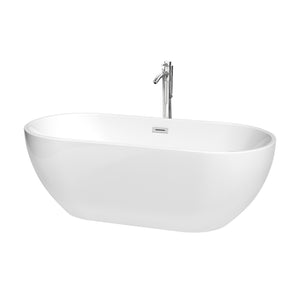 Brooklyn 67 Inch Freestanding Bathtub in White with Floor Mounted Faucet Drain and Overflow Trim in Polished Chrome