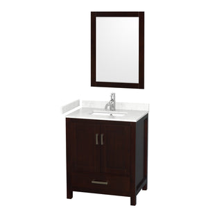 Sheffield 30 Inch Single Bathroom Vanity in Espresso Carrara Cultured Marble Countertop Undermount Square Sink 24 Inch Mirror
