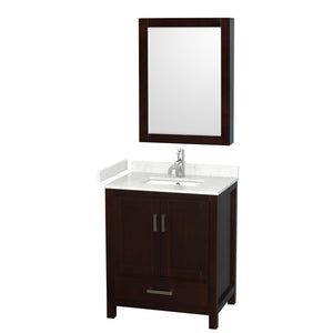 Sheffield 30 Inch Single Bathroom Vanity in Espresso Carrara Cultured Marble Countertop Undermount Square Sink Medicine Cabinet