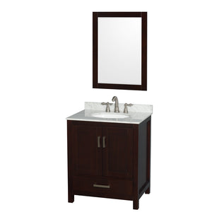 Sheffield 30 Inch Single Bathroom Vanity in Espresso White Carrara Marble Countertop Undermount Oval Sink and 24 Inch Mirror