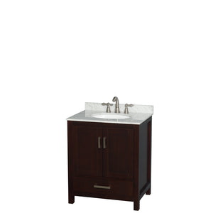 Sheffield 30 Inch Single Bathroom Vanity in Espresso White Carrara Marble Countertop Undermount Oval Sink and No Mirror