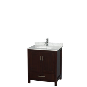 Sheffield 30 Inch Single Bathroom Vanity in Espresso White Carrara Marble Countertop Undermount Square Sink and No Mirror
