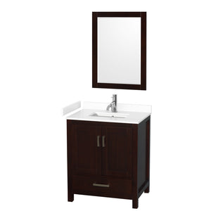 Sheffield 30 Inch Single Bathroom Vanity in Espresso White Cultured Marble Countertop Undermount Square Sink 24 Inch Mirror