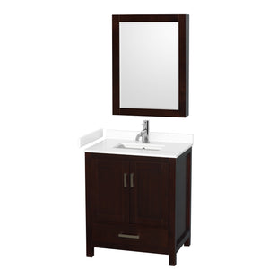 Sheffield 30 Inch Single Bathroom Vanity in Espresso White Cultured Marble Countertop Undermount Square Sink Medicine Cabinet