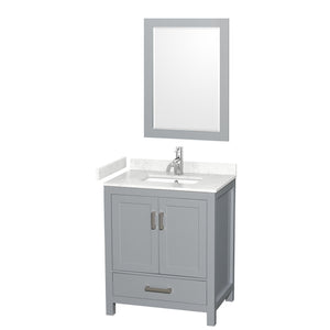 Sheffield 30 Inch Single Bathroom Vanity in Gray Carrara Cultured Marble Countertop Undermount Square Sink 24 Inch Mirror