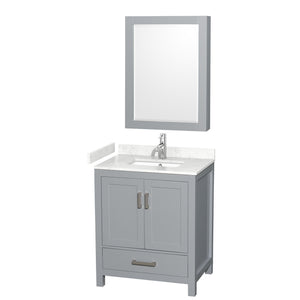 Sheffield 30 Inch Single Bathroom Vanity in Gray Carrara Cultured Marble Countertop Undermount Square Sink Medicine Cabinet
