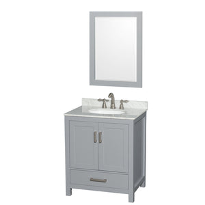 Sheffield 30 Inch Single Bathroom Vanity in Gray White Carrara Marble Countertop Undermount Oval Sink and 24 Inch Mirror