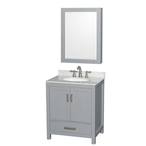 Sheffield 30 Inch Single Bathroom Vanity in Gray White Carrara Marble Countertop Undermount Oval Sink and Medicine Cabinet