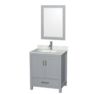 Sheffield 30 Inch Single Bathroom Vanity in Gray White Carrara Marble Countertop Undermount Square Sink and 24 Inch Mirror