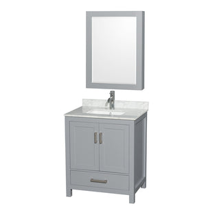 Sheffield 30 Inch Single Bathroom Vanity in Gray White Carrara Marble Countertop Undermount Square Sink and Medicine Cabinet