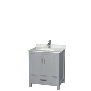 Sheffield 30 Inch Single Bathroom Vanity in Gray White Carrara Marble Countertop Undermount Square Sink and No Mirror