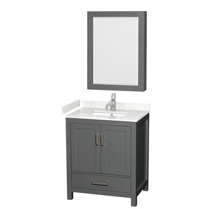 Sheffield 30 Inch Single Bathroom Vanity in Dark Gray Carrara Cultured Marble Countertop Undermount Square Sink Medicine Cabinet