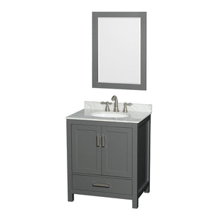 Sheffield 30 Inch Single Bathroom Vanity in Dark Gray White Carrara Marble Countertop Undermount Oval Sink and 24 Inch Mirror