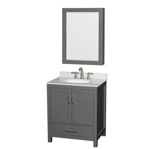 Sheffield 30 Inch Single Bathroom Vanity in Dark Gray White Carrara Marble Countertop Undermount Oval Sink and Medicine Cabinet