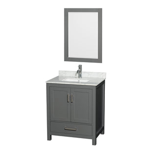 Sheffield 30 Inch Single Bathroom Vanity in Dark Gray White Carrara Marble Countertop Undermount Square Sink and 24 Inch Mirror