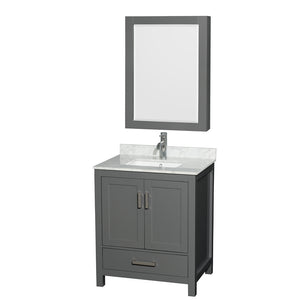 Sheffield 30 Inch Single Bathroom Vanity in Dark Gray White Carrara Marble Countertop Undermount Square Sink and Medicine Cabinet