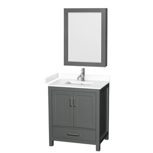 Sheffield 30 Inch Single Bathroom Vanity in Dark Gray White Cultured Marble Countertop Undermount Square Sink Medicine Cabinet