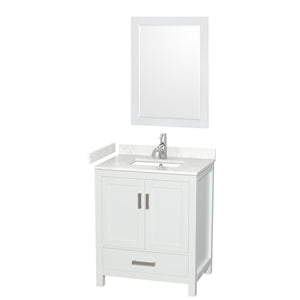 Sheffield 30 Inch Single Bathroom Vanity in White Carrara Cultured Marble Countertop Undermount Square Sink 24 Inch Mirror