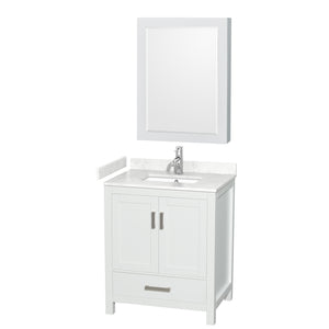 Sheffield 30 Inch Single Bathroom Vanity in White Carrara Cultured Marble Countertop Undermount Square Sink Medicine Cabinet