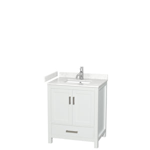 Sheffield 30 Inch Single Bathroom Vanity in White Carrara Cultured Marble Countertop Undermount Square Sink No Mirror