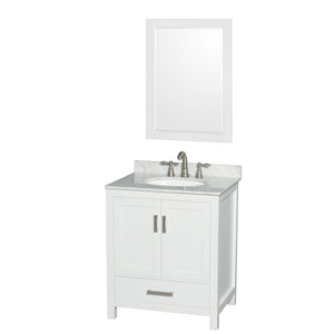 Sheffield 30 Inch Single Bathroom Vanity in White White Carrara Marble Countertop Undermount Oval Sink and 24 Inch Mirror