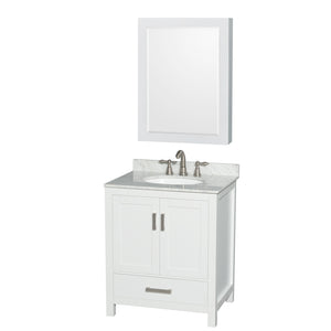 Sheffield 30 Inch Single Bathroom Vanity in White White Carrara Marble Countertop Undermount Oval Sink and Medicine Cabinet