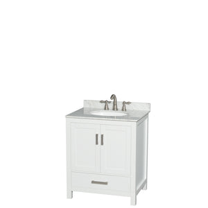 Sheffield 30 Inch Single Bathroom Vanity in White White Carrara Marble Countertop Undermount Oval Sink and No Mirror