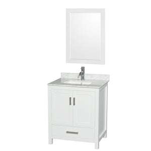 Sheffield 30 Inch Single Bathroom Vanity in White White Carrara Marble Countertop Undermount Square Sink and 24 Inch Mirror