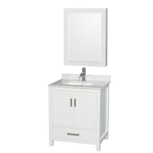 Sheffield 30 Inch Single Bathroom Vanity in White White Carrara Marble Countertop Undermount Square Sink and Medicine Cabinet