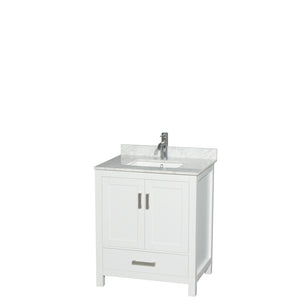 Sheffield 30 Inch Single Bathroom Vanity in White White Carrara Marble Countertop Undermount Square Sink and No Mirror