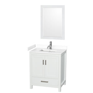 Sheffield 30 Inch Single Bathroom Vanity in White White Cultured Marble Countertop Undermount Square Sink 24 Inch Mirror