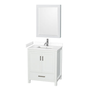 Sheffield 30 Inch Single Bathroom Vanity in White White Cultured Marble Countertop Undermount Square Sink Medicine Cabinet