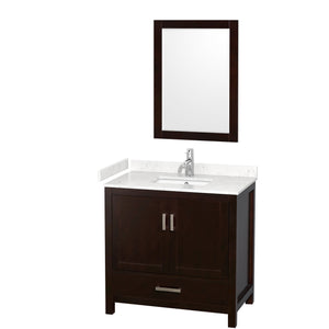 Sheffield 36 Inch Single Bathroom Vanity in Espresso Carrara Cultured Marble Countertop Undermount Square Sink 24 Inch Mirror