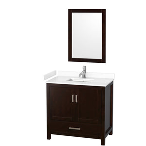 Sheffield 36 Inch Single Bathroom Vanity in Espresso White Cultured Marble Countertop Undermount Square Sink 24 Inch Mirror