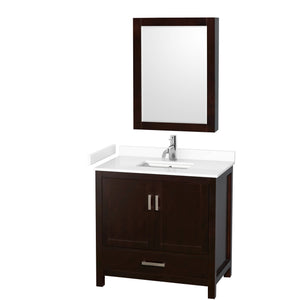 Sheffield 36 Inch Single Bathroom Vanity in Espresso White Cultured Marble Countertop Undermount Square Sink Medicine Cabinet