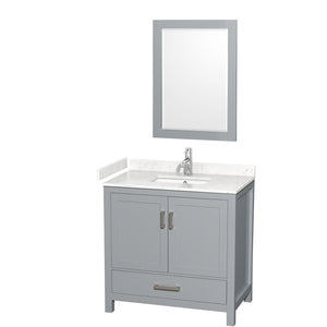 Sheffield 36 Inch Single Bathroom Vanity in Gray Carrara Cultured Marble Countertop Undermount Square Sink 24 Inch Mirror