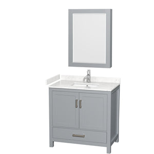 Sheffield 36 Inch Single Bathroom Vanity in Gray Carrara Cultured Marble Countertop Undermount Square Sink Medicine Cabinet