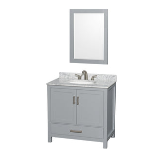 Sheffield 36 Inch Single Bathroom Vanity in Gray White Carrara Marble Countertop Undermount Oval Sink and 24 Inch Mirror