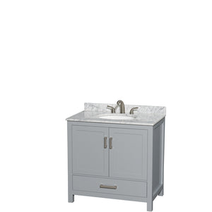 Sheffield 36 Inch Single Bathroom Vanity in Gray White Carrara Marble Countertop Undermount Oval Sink and No Mirror