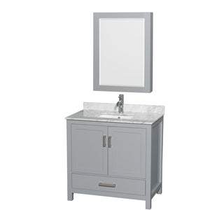 Sheffield 36 Inch Single Bathroom Vanity in Gray White Carrara Marble Countertop Undermount Square Sink and Medicine Cabinet