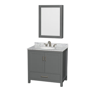 Sheffield 36 Inch Single Bathroom Vanity in Dark Gray White Carrara Marble Countertop Undermount Oval Sink and Medicine Cabinet