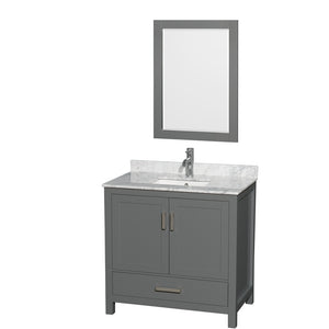 Sheffield 36 Inch Single Bathroom Vanity in Dark Gray White Carrara Marble Countertop Undermount Square Sink and 24 Inch Mirror