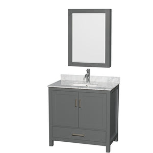 Sheffield 36 Inch Single Bathroom Vanity in Dark Gray White Carrara Marble Countertop Undermount Square Sink and Medicine Cabinet