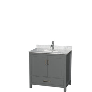 Sheffield 36 Inch Single Bathroom Vanity in Dark Gray White Carrara Marble Countertop Undermount Square Sink and No Mirror