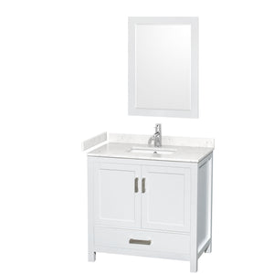 Sheffield 36 Inch Single Bathroom Vanity in White Carrara Cultured Marble Countertop Undermount Square Sink 24 Inch Mirror