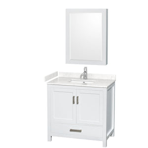 Sheffield 36 Inch Single Bathroom Vanity in White Carrara Cultured Marble Countertop Undermount Square Sink Medicine Cabinet